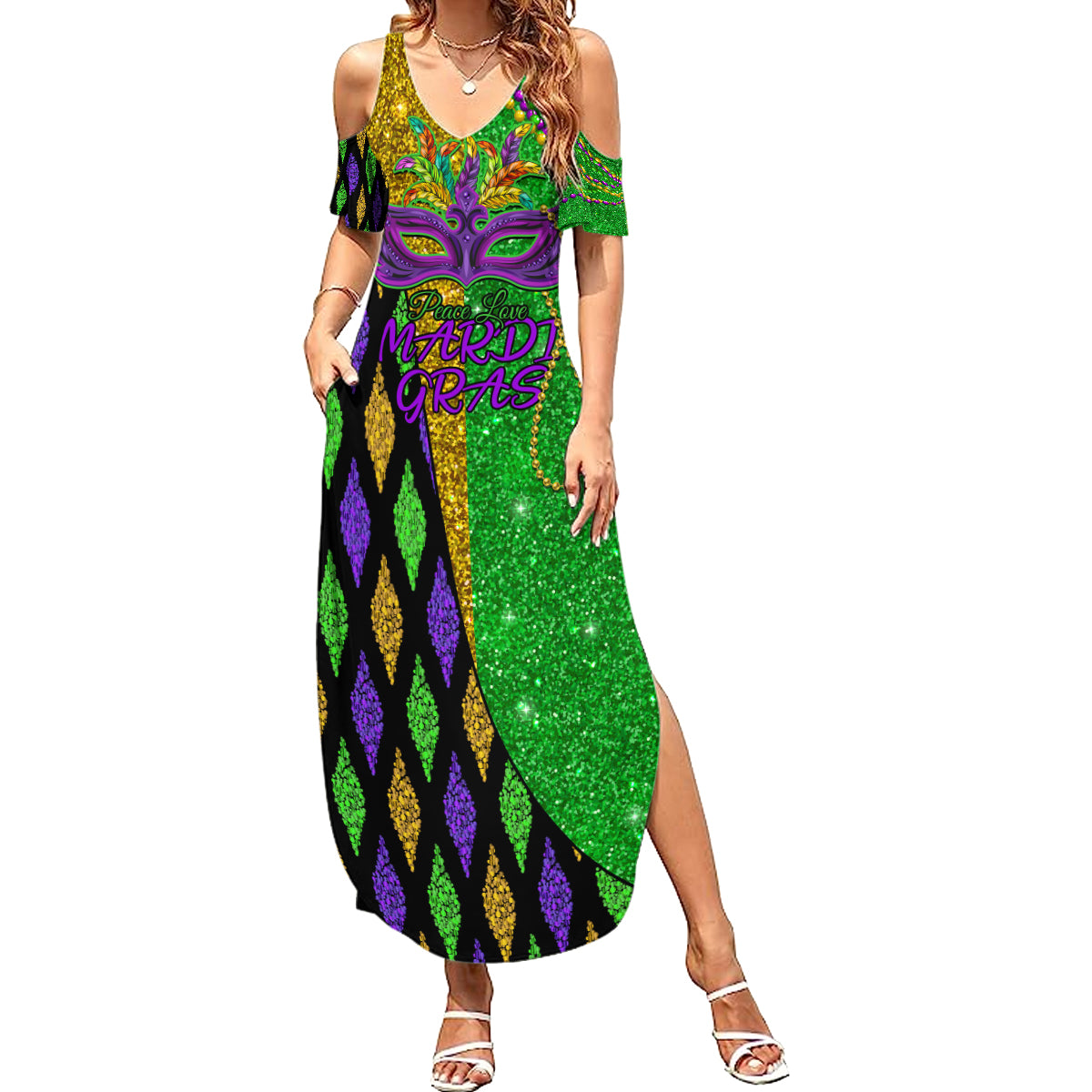 Peace Love Mardi Gras Summer Maxi Dress Carnival Masks With Feathers - Wonder Print Shop