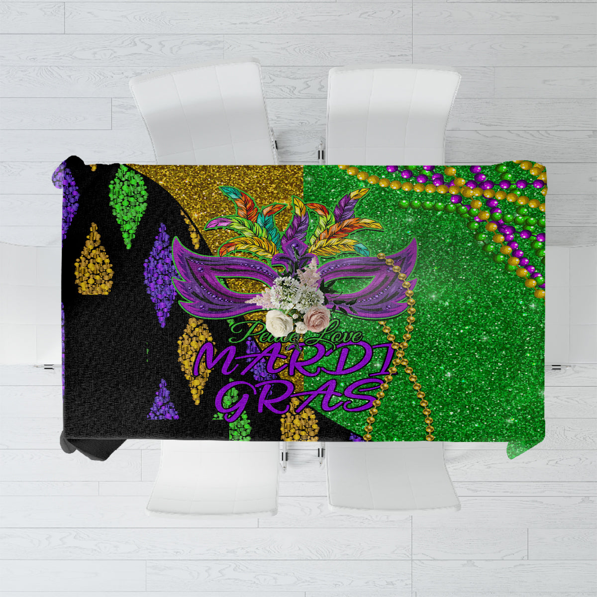 Peace Love Mardi Gras Tablecloth Carnival Masks With Feathers - Wonder Print Shop