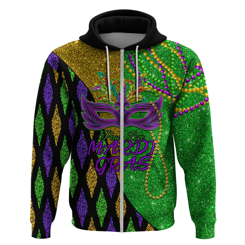 Black zip hoodie with Mardi Gras mask graphic, glitter purple green gold pattern