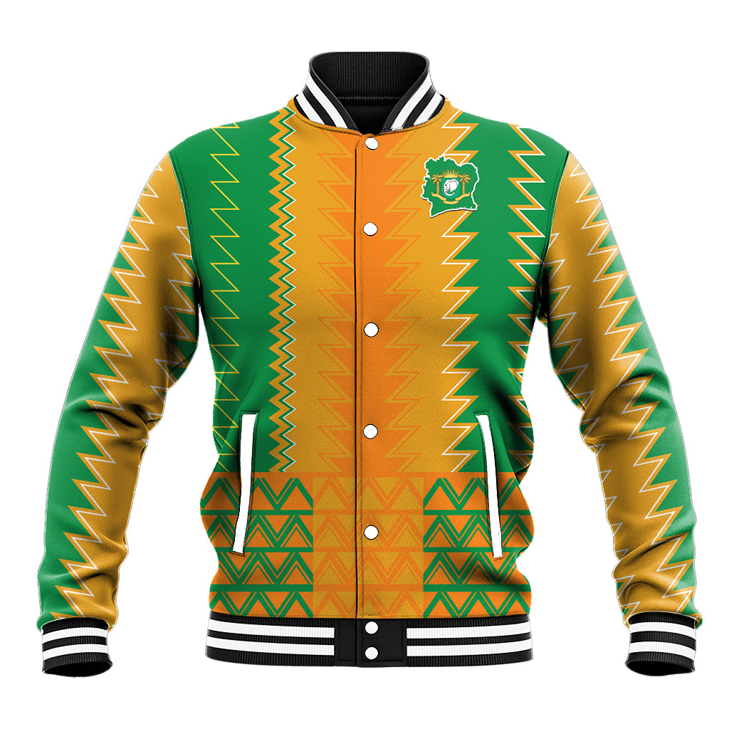 Orange, green zigzag varsity baseball jacket with snap front, striped rib cuffs and collar