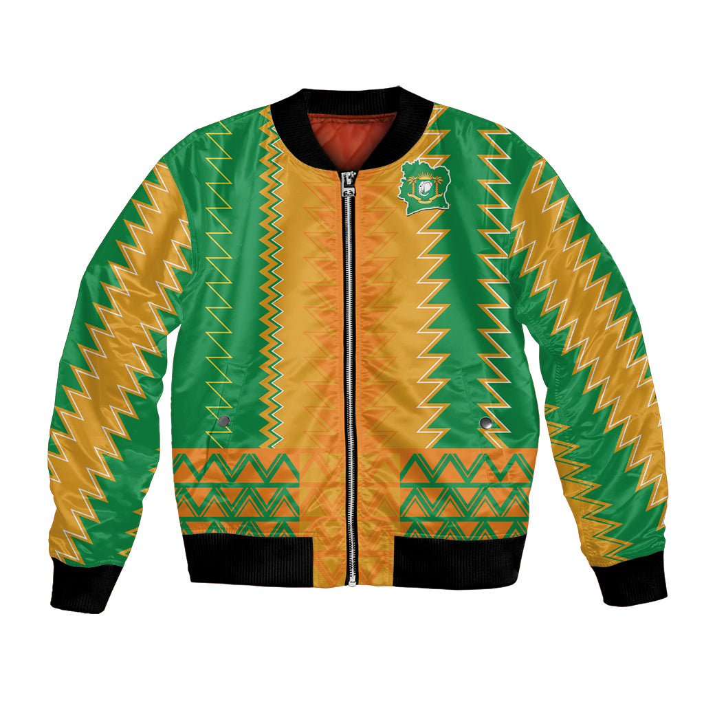 Custom Ivory Coast football bomber jacket, front zip, green with orange zigzag trim