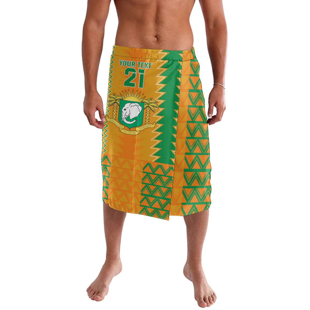 Orange and green patterned football lavalava with crest and zigzag trim, elastic waistband