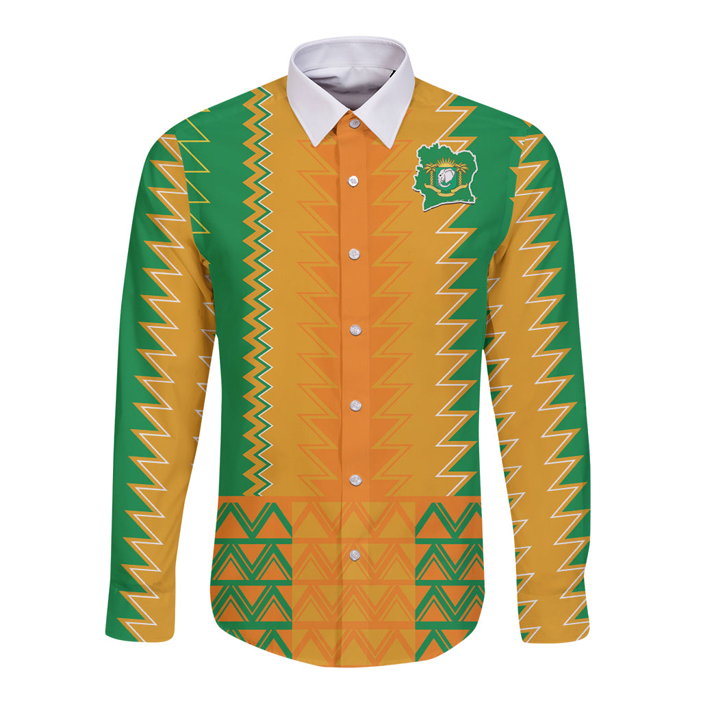 Football-style long sleeve button shirt with orange, green zigzag pattern and crest