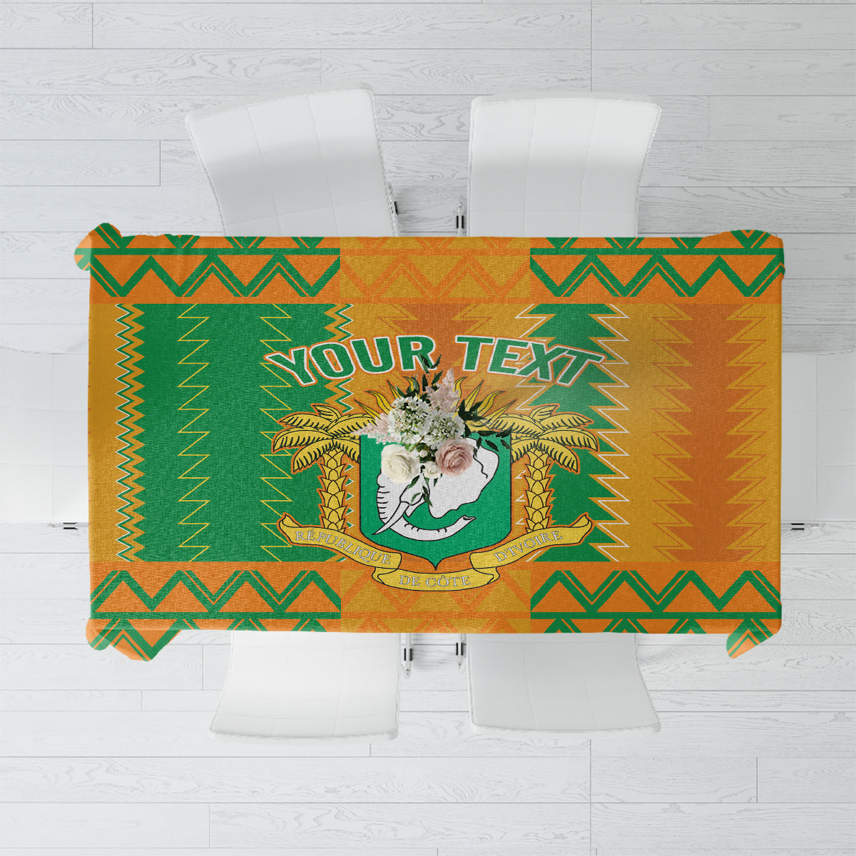 Custom football tablecloth with orange and green geometric pattern, elephant crest