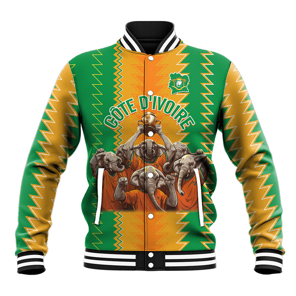 Green and orange chevron football baseball jacket with elephant crest and ribbed collar