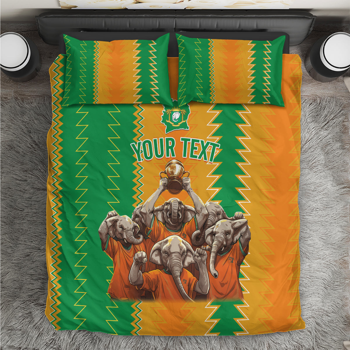 Colorful green and orange patterned football bedding set with custom text and mascot