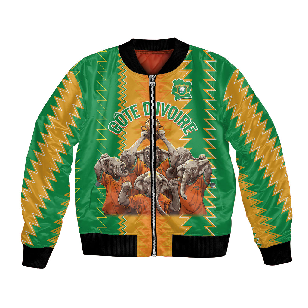 Green bomber jacket with orange zigzag trim, central graphic, front zipper