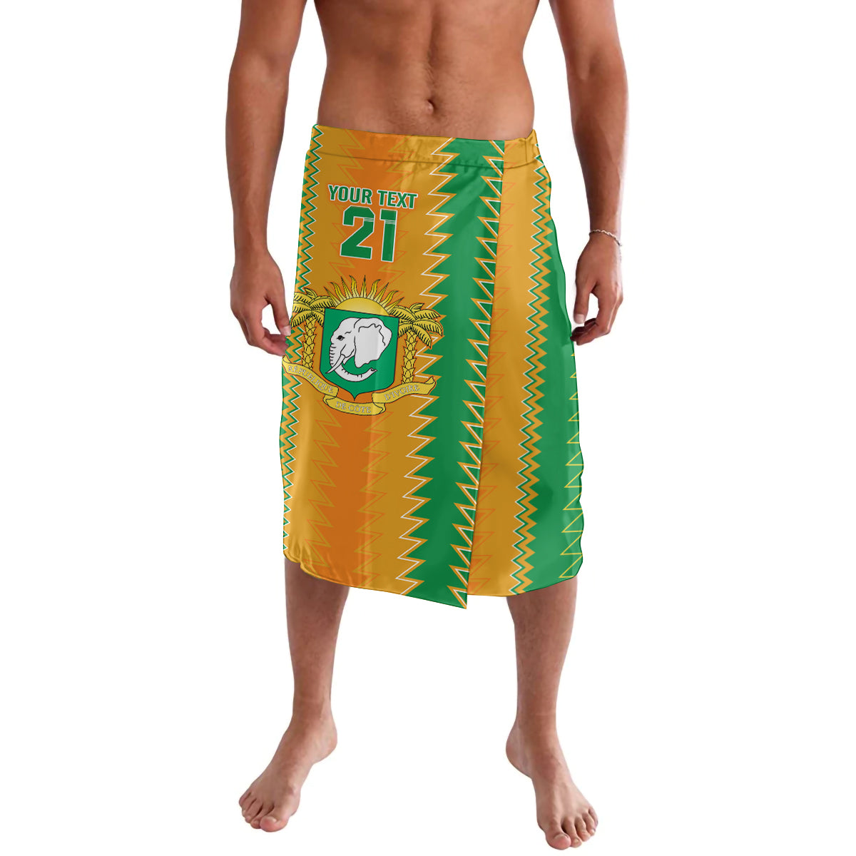 Football lavalava with green zigzag pattern, orange-yellow, crest and number 21 front panel