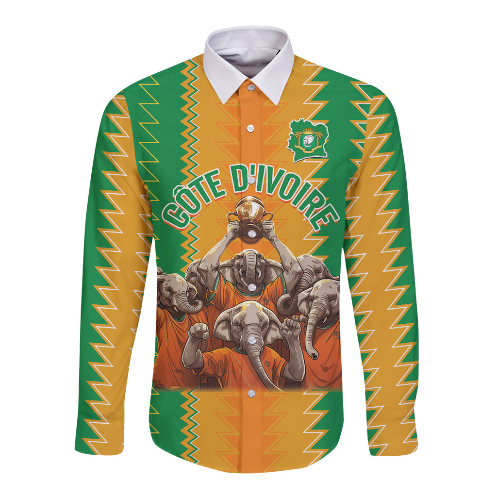 Green-and-orange long-sleeve football button shirt with front crest graphic and white collar