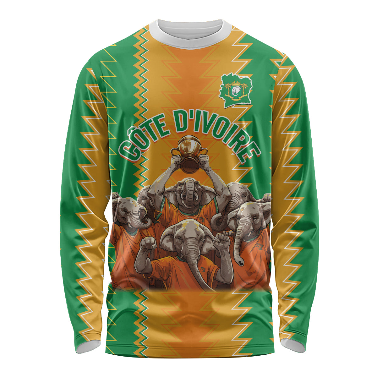 Green long-sleeve football shirt with orange zigzag trim and elephant crest graphic