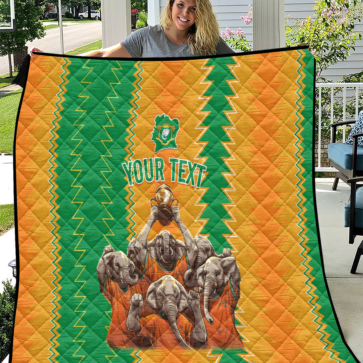 Custom football quilt with orange, green zigzag borders and elephant graphic, Your Text