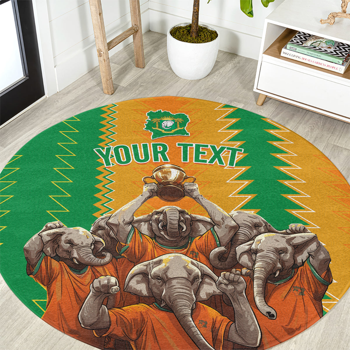Custom Ivory Coast football round rug, centered elephants and 'YOUR TEXT' on green/orange