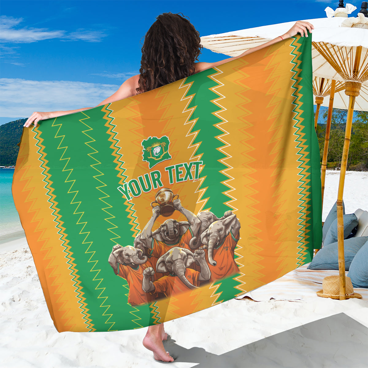 Football sarong with orange-and-green zigzag pattern and elephant graphic, "YOUR TEXT"