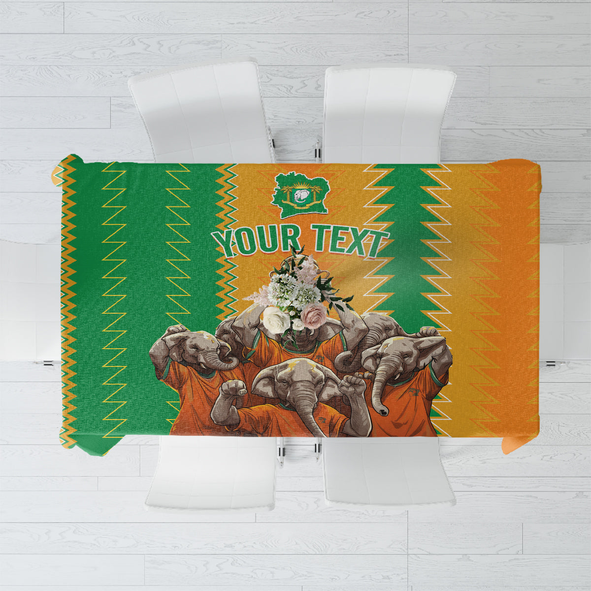 Custom football tablecloth flat view showing central logo and zoo-themed artwork