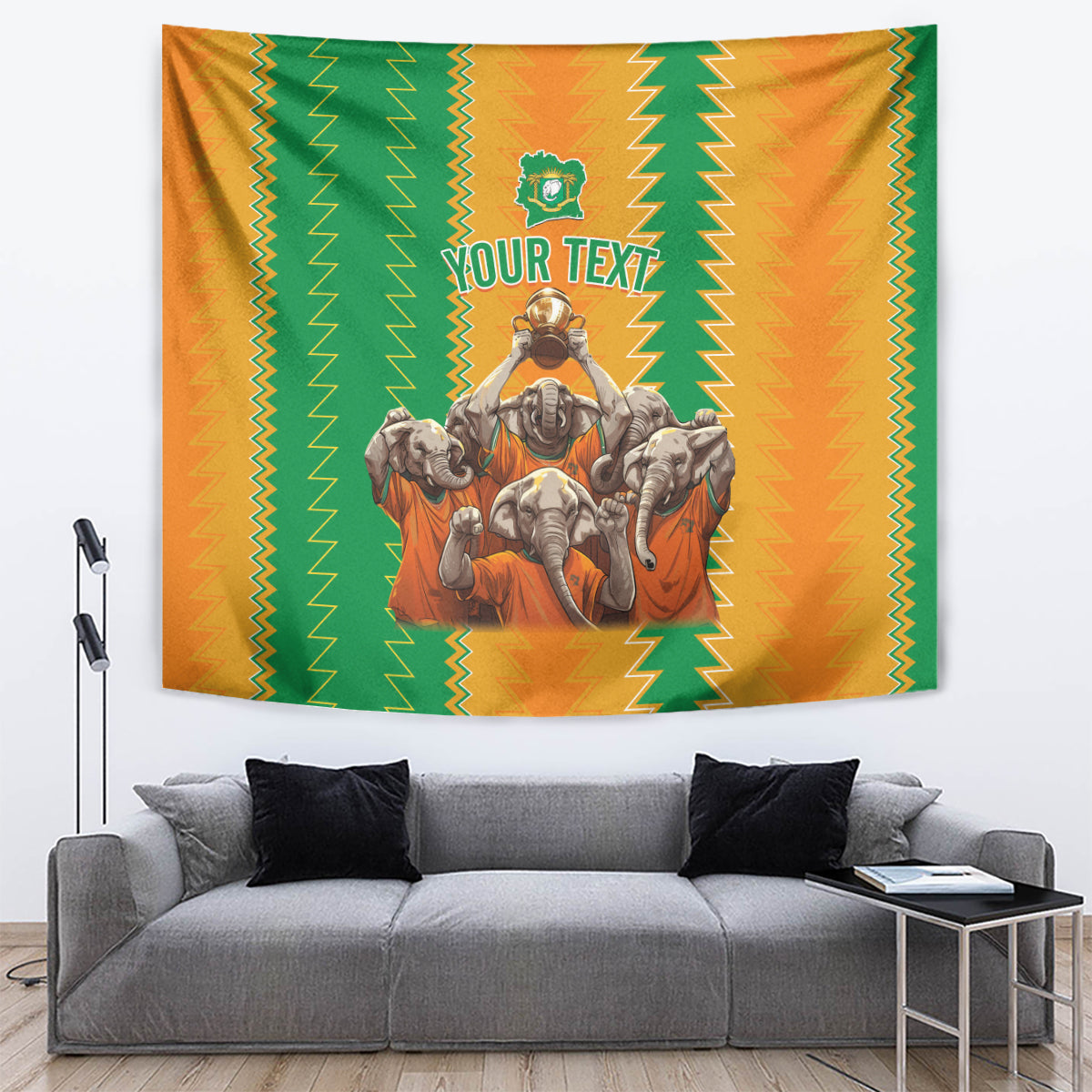 Orange and green football tapestry with zigzag border, elephant centerpiece and YOUR TEXT area