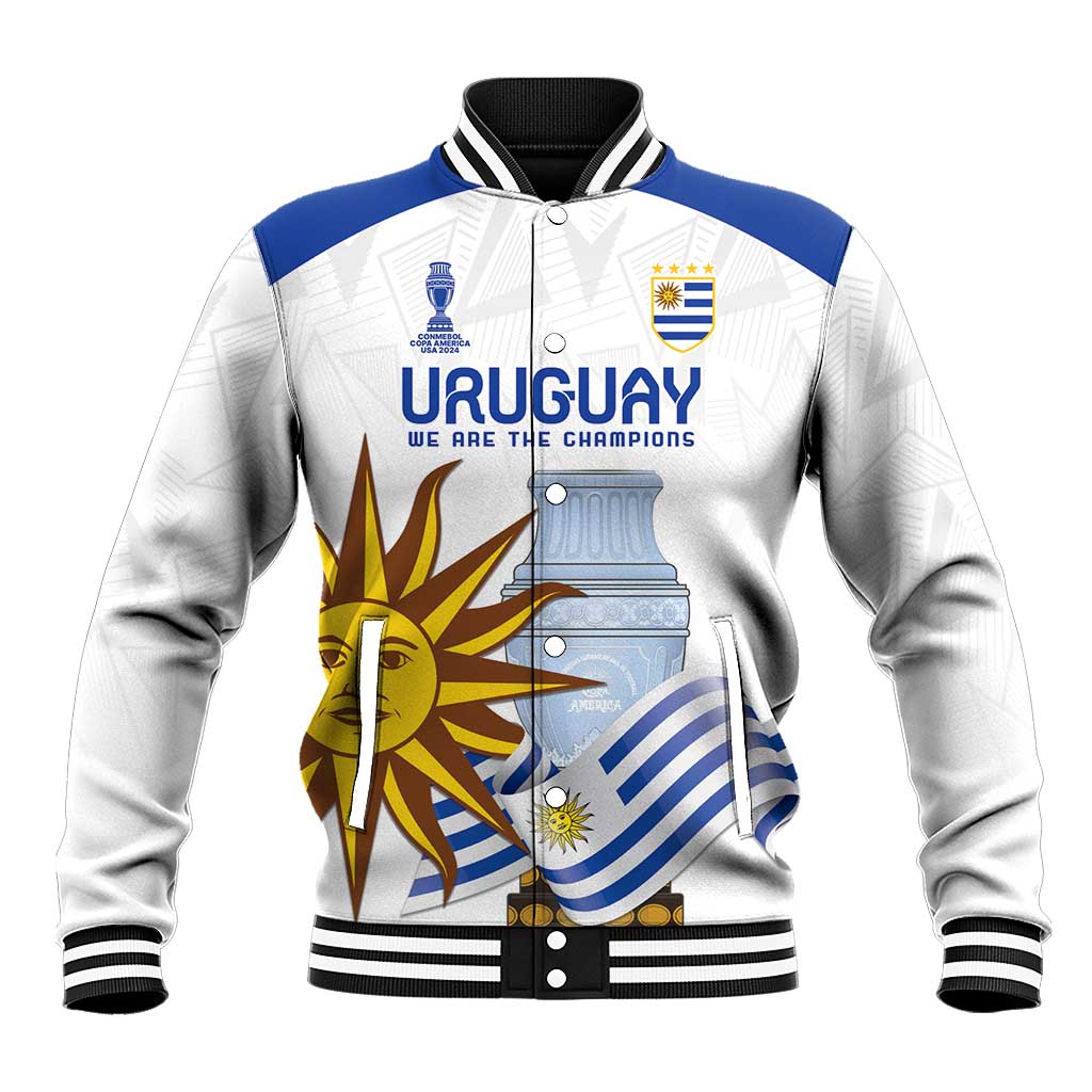 White varsity baseball jacket, blue striped ribbed collar, snap-button front, front emblem