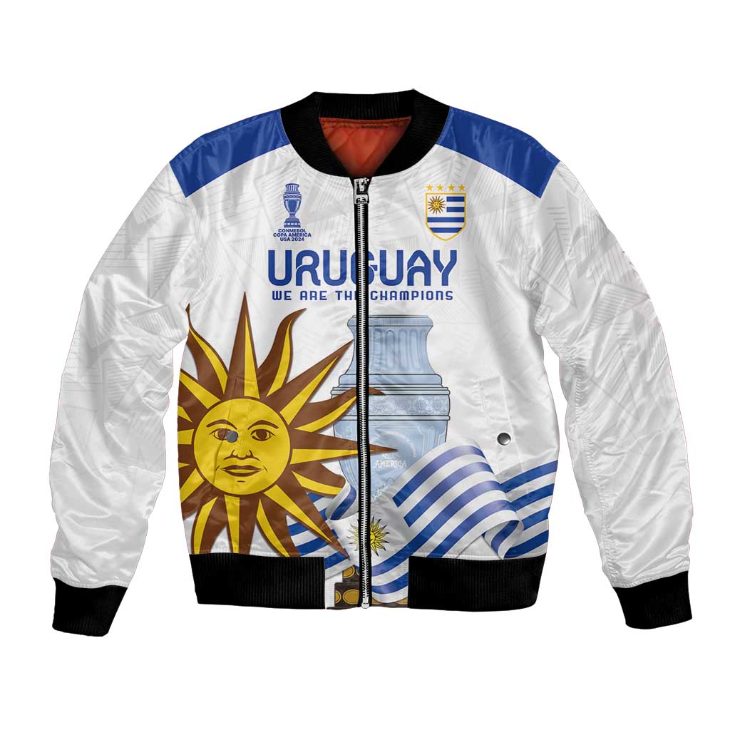White unisex bomber jacket with zip front, blue shoulder stripes, Uruguay sun crest graphic