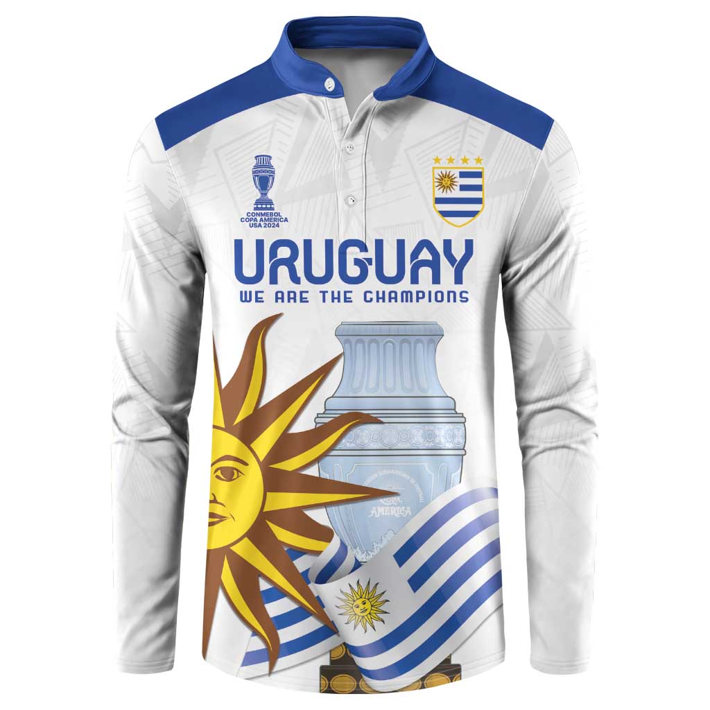 White football button sweatshirt with blue collar, front view with 'URUGUAY' champions graphic