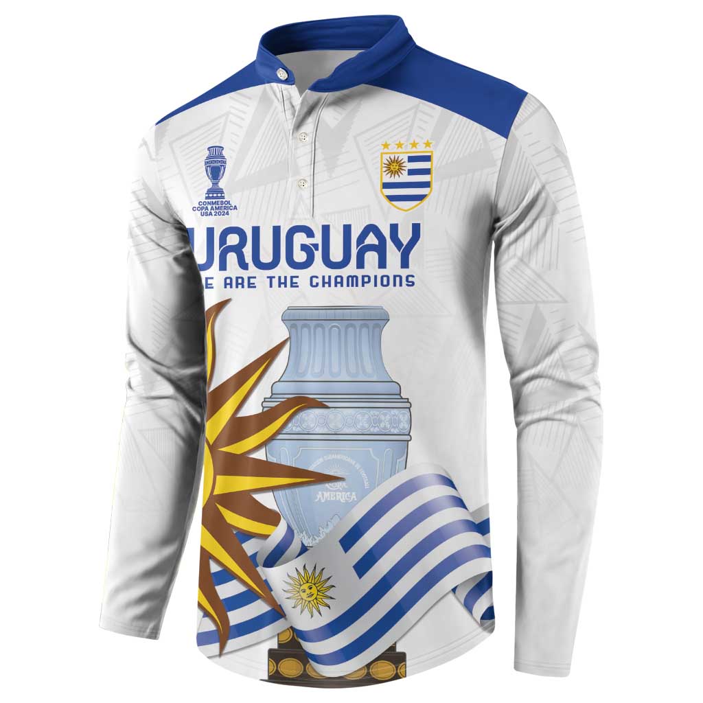 White football button sweatshirt with blue collar, front view showing 'URUGUAY' and sun flag design
