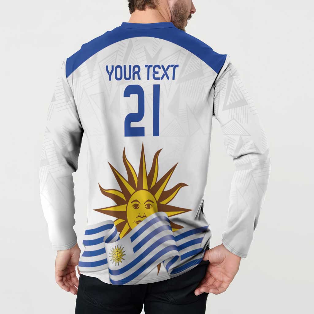 White football button sweatshirt with blue collar, back view with 'YOUR TEXT 21' and Uruguay art