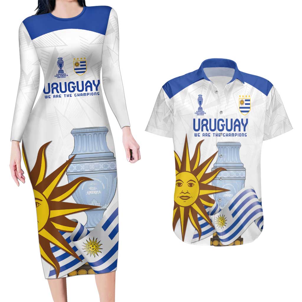 Custom Uruguay La Celeste Football Champions Couples Matching Long Sleeve Bodycon Dress and Hawaiian Shirt Glory To The Sky Blue LT9 - Wonder Print Shop