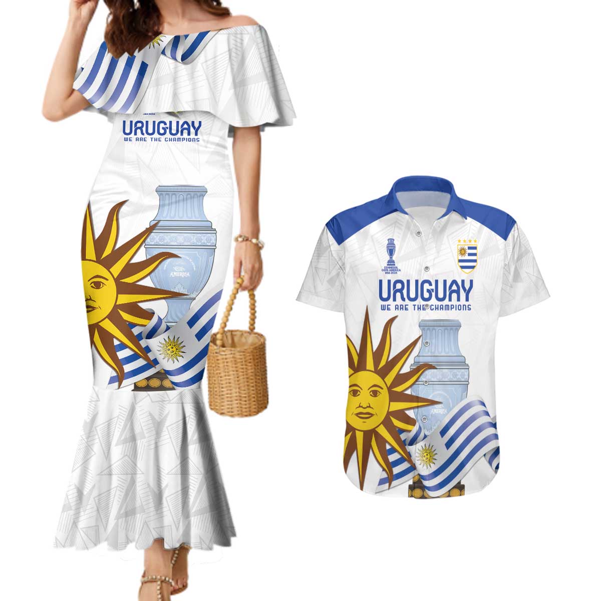 Custom Uruguay La Celeste Football Champions Couples Matching Mermaid Dress and Hawaiian Shirt Glory To The Sky Blue LT9 - Wonder Print Shop