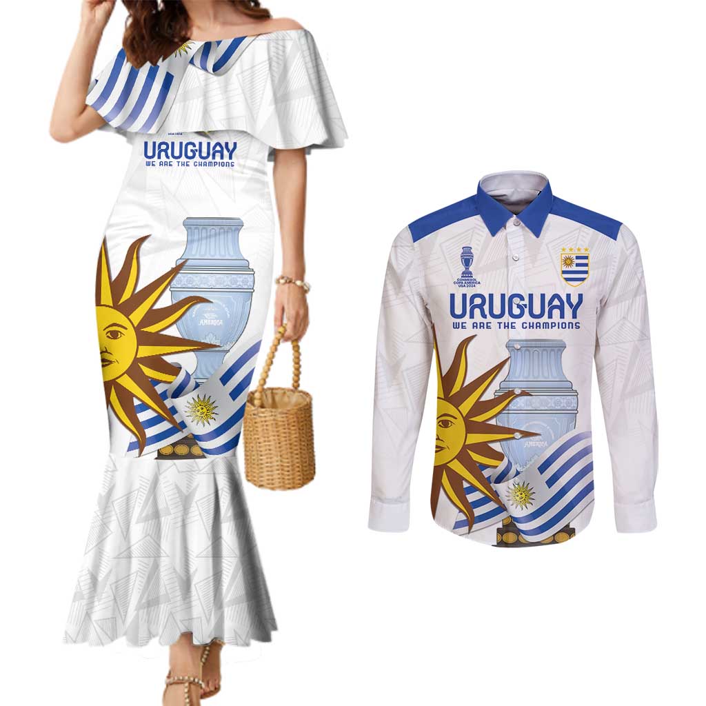 Custom Uruguay La Celeste Football Champions Couples Matching Mermaid Dress and Long Sleeve Button Shirt Glory To The Sky Blue