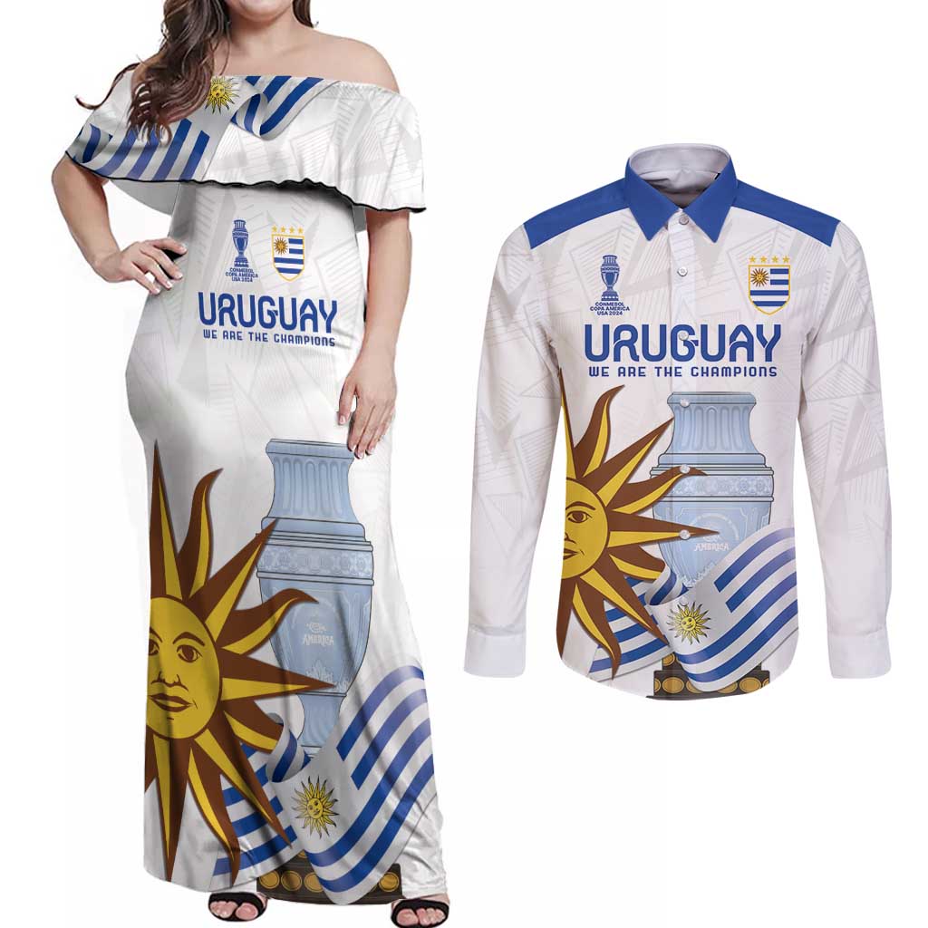 Custom Uruguay La Celeste Football Champions Couples Matching Off Shoulder Maxi Dress and Long Sleeve Button Shirt Glory To The Sky Blue LT9 - Wonder Print Shop