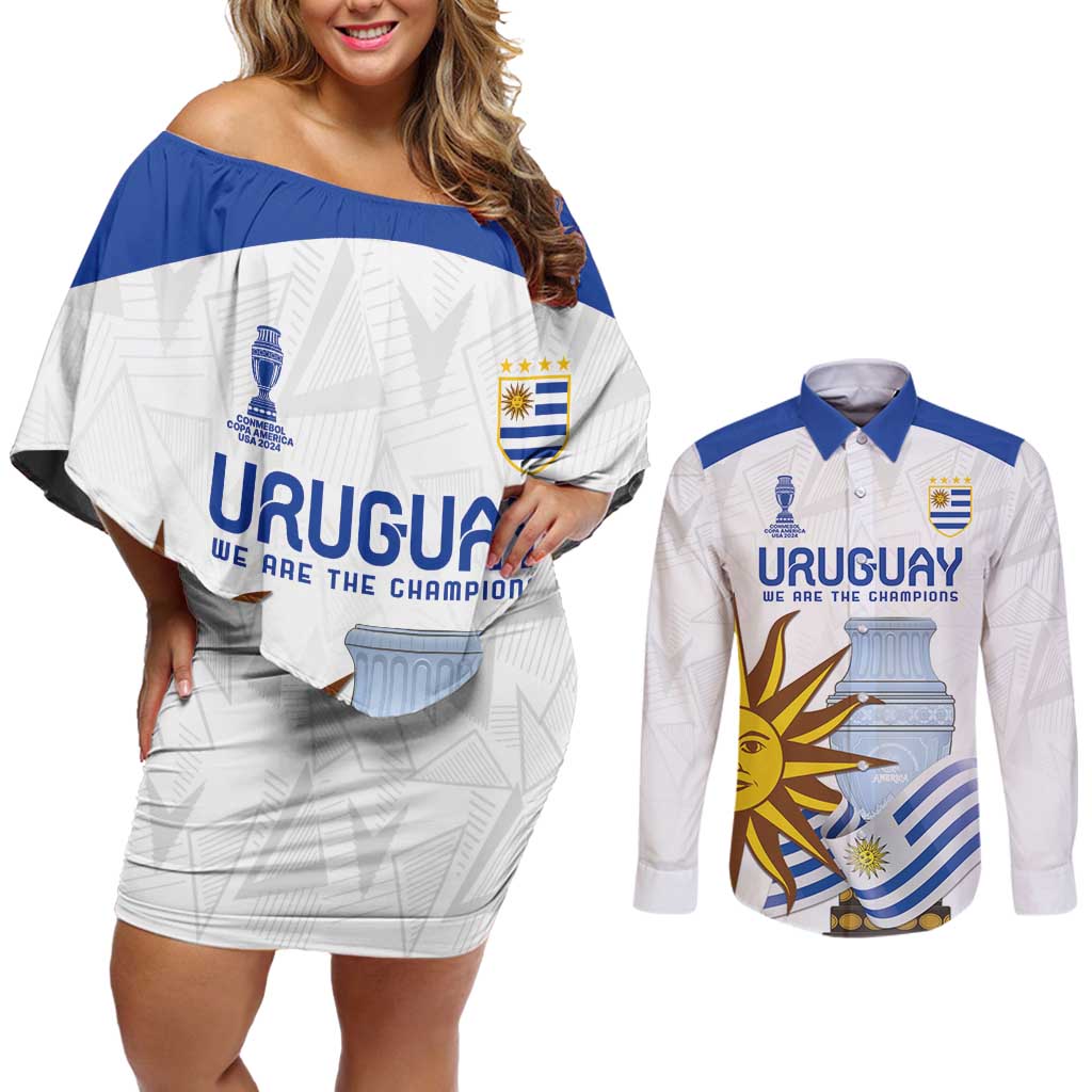 Custom Uruguay La Celeste Football Champions Couples Matching Off Shoulder Short Dress and Long Sleeve Button Shirt Glory To The Sky Blue LT9 - Wonder Print Shop