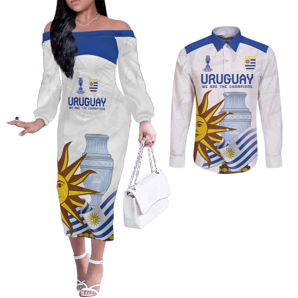 Custom Uruguay La Celeste Football Champions Couples Matching Off The Shoulder Long Sleeve Dress and Long Sleeve Button Shirt Glory To The Sky Blue