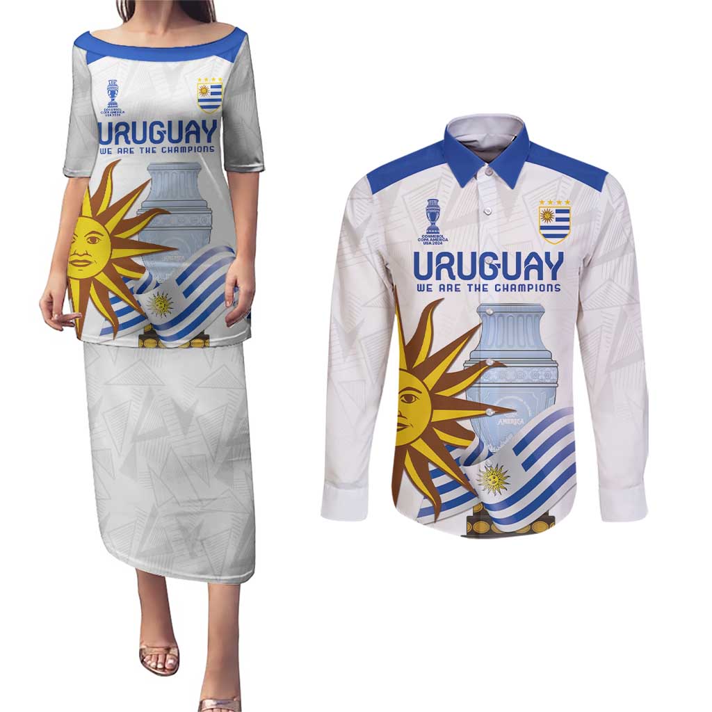 Custom Uruguay La Celeste Football Champions Couples Matching Puletasi and Long Sleeve Button Shirt Glory To The Sky Blue LT9 - Wonder Print Shop