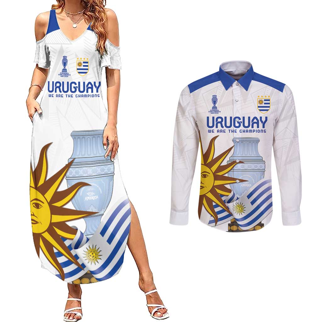 Custom Uruguay La Celeste Football Champions Couples Matching Summer Maxi Dress and Long Sleeve Button Shirt Glory To The Sky Blue LT9 - Wonder Print Shop