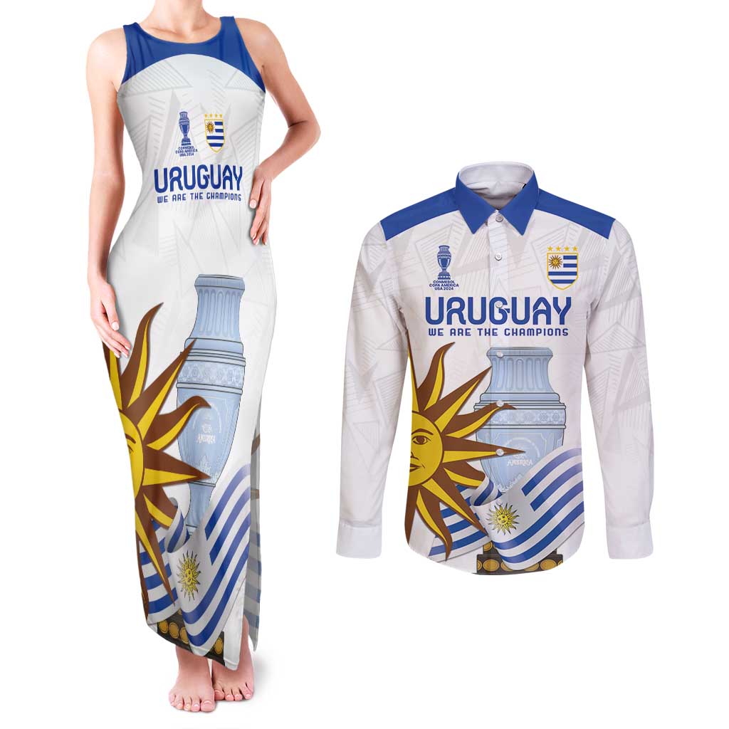 Custom Uruguay La Celeste Football Champions Couples Matching Tank Maxi Dress and Long Sleeve Button Shirt Glory To The Sky Blue LT9 - Wonder Print Shop