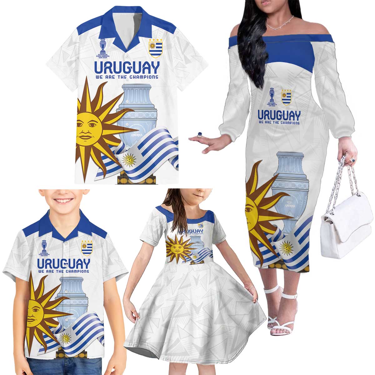 Custom Uruguay La Celeste Football Champions Family Matching Off The Shoulder Long Sleeve Dress and Hawaiian Shirt Glory To The Sky Blue - Wonder Print Shop