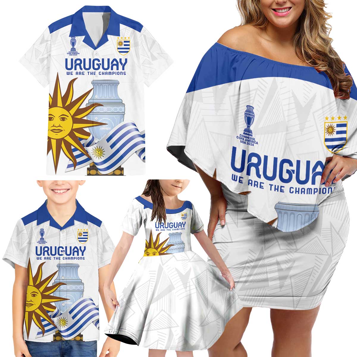 Custom Uruguay La Celeste Football Champions Family Matching Off Shoulder Short Dress and Hawaiian Shirt Glory To The Sky Blue LT9 - Wonder Print Shop