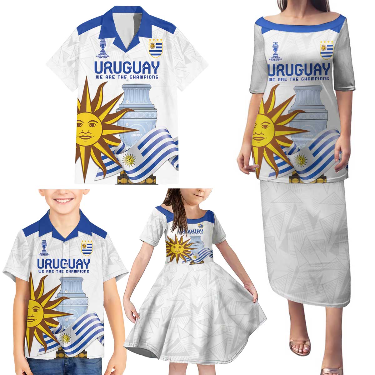 Custom Uruguay La Celeste Football Champions Family Matching Puletasi and Hawaiian Shirt Glory To The Sky Blue - Wonder Print Shop