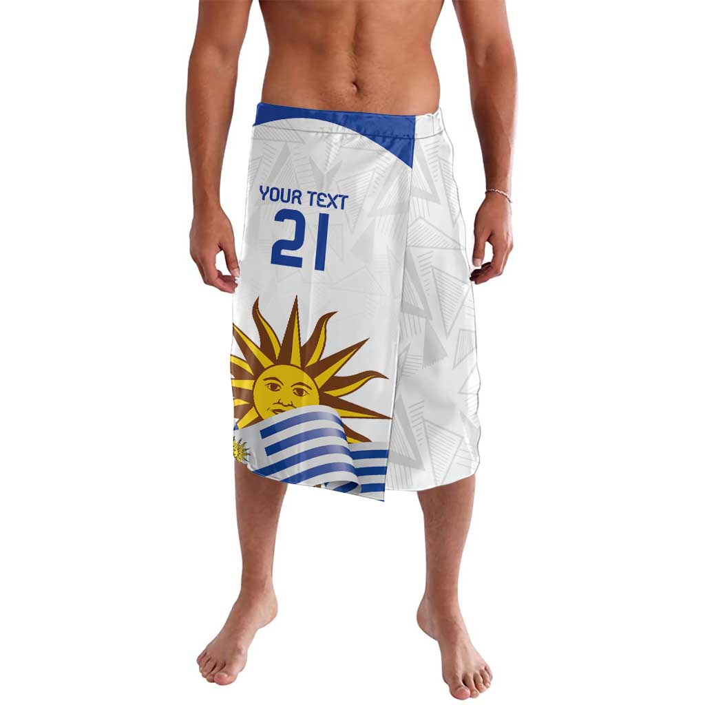 Custom white soccer lavalava with blue top band, sun emblem, and number 21 front