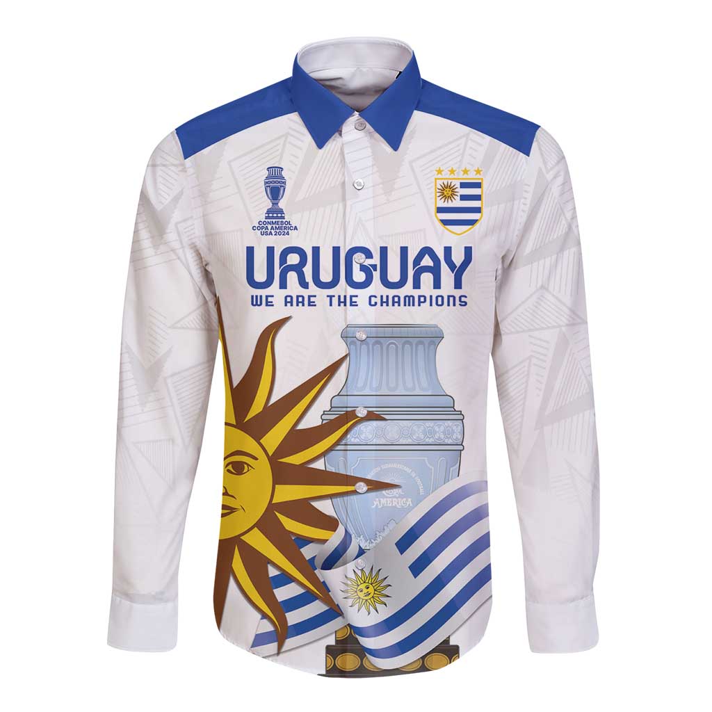 White long-sleeve button football shirt with blue collar and Uruguay front graphic