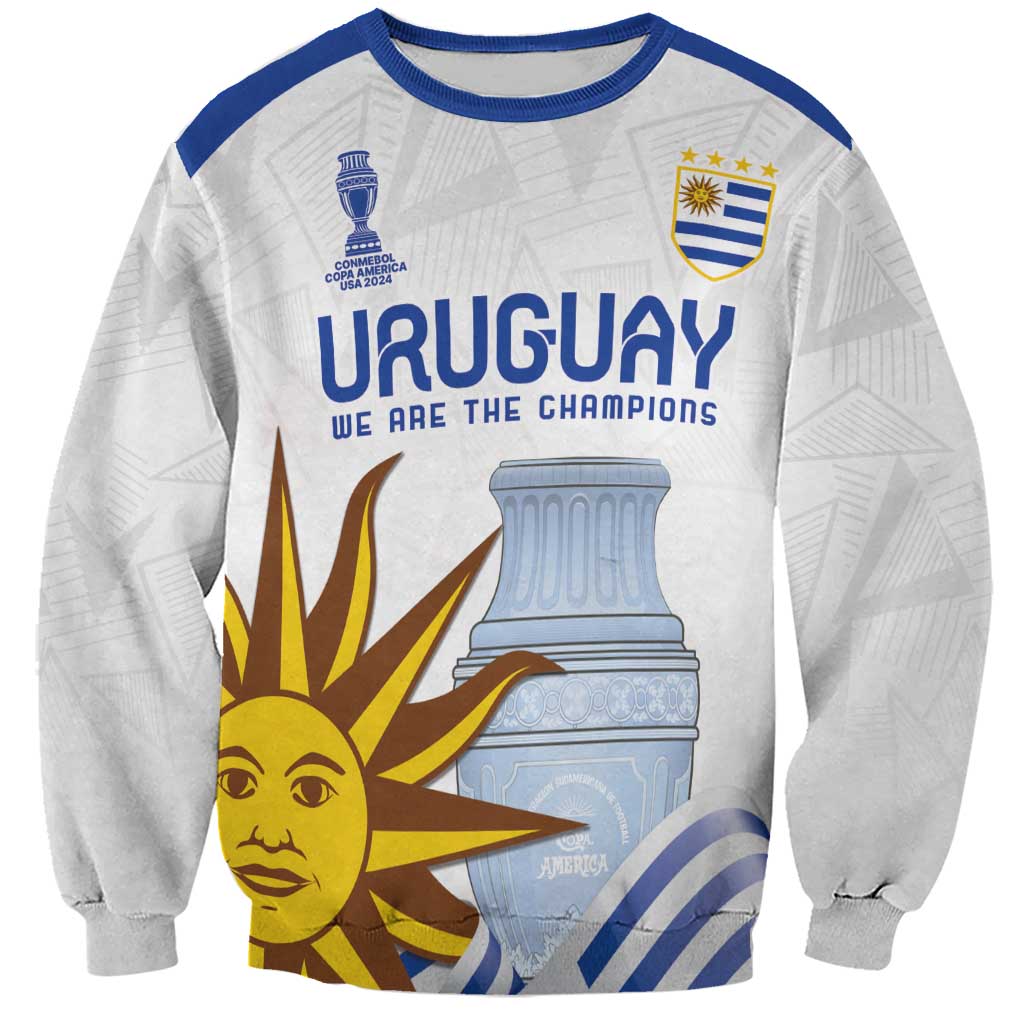 Unisex Uruguay football champions sweatshirt, white with blue collar and trophy sun graphic