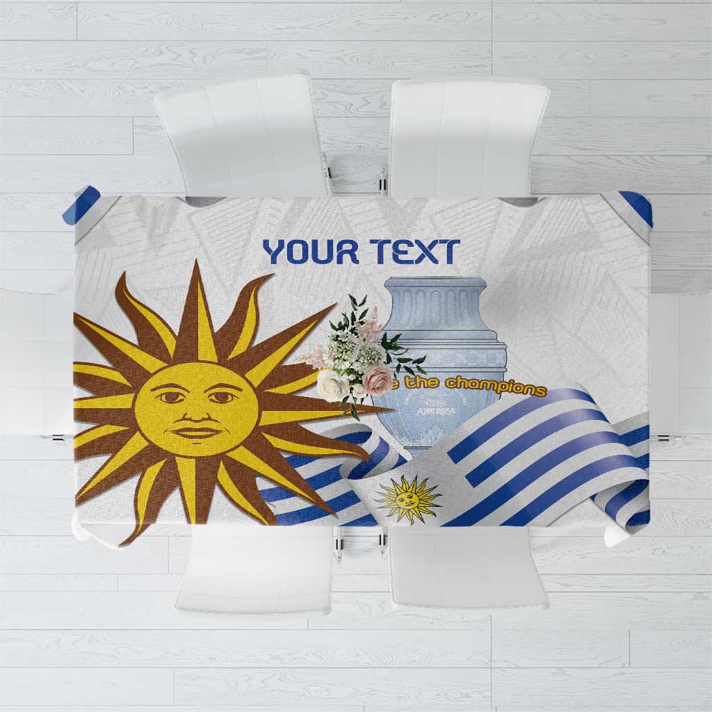 Football tablecloth with sun and blue stripes, showing a custom text area