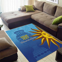Blue football area rug featuring yellow sun face and “YOUR TEXT” in center