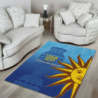 Blue football area rug with yellow sun face artwork and “YOUR TEXT” phrase