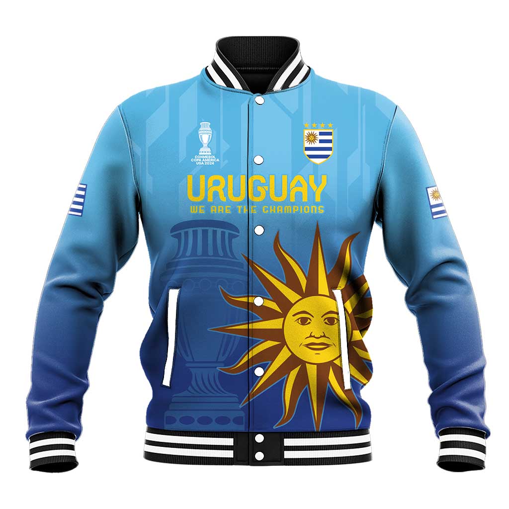 Blue baseball jacket with snap buttons, ribbed trim, Uruguay crest and sun graphic