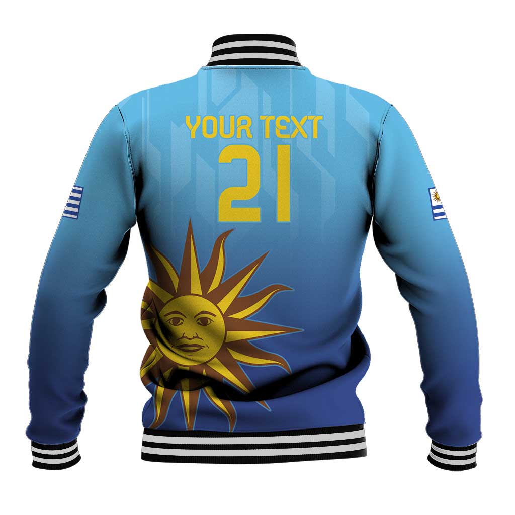 Blue baseball jacket back with striped ribbed collar, large sun and custom text 21