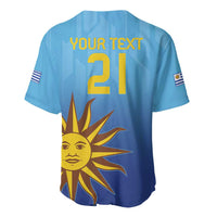 Blue football jersey back with YOUR TEXT 21 and Uruguay crest accents