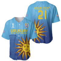 Pair of blue football jerseys, one front Uruguay print and one back YOUR TEXT 21