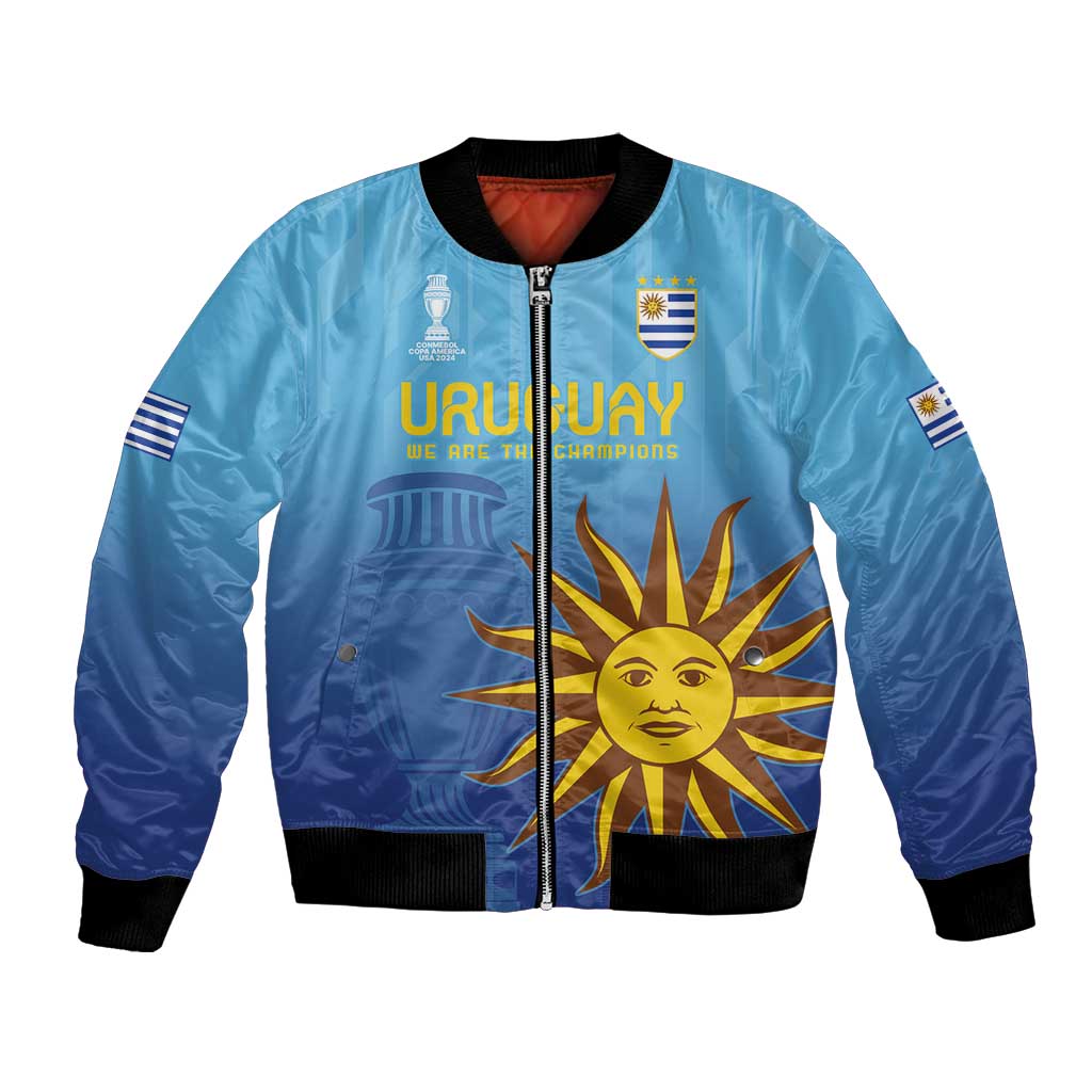 Blue bomber jacket front with zipper, Uruguay text, sun emblem, and sleeve flag patches