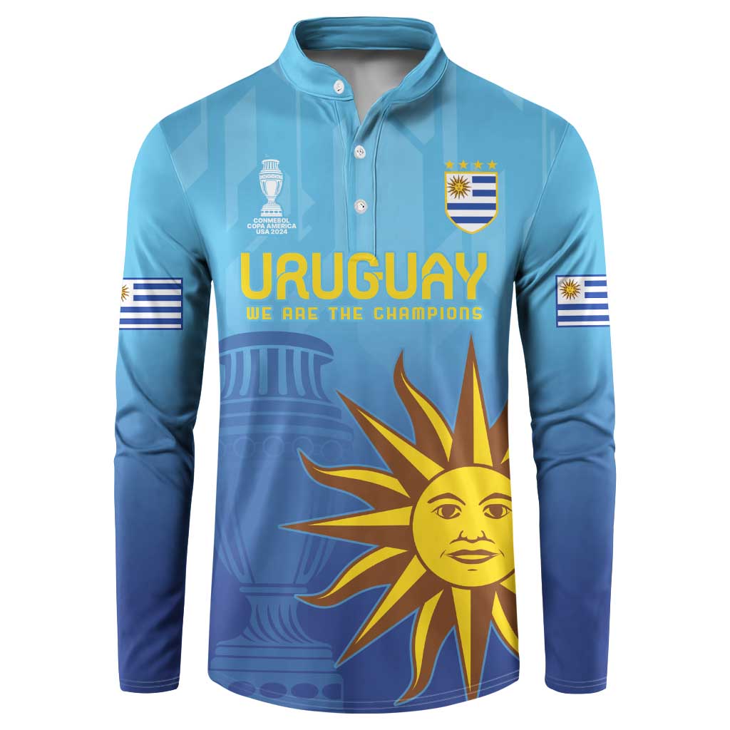 Blue long-sleeve button sweatshirt with Uruguay crest, stripes, and yellow sun design