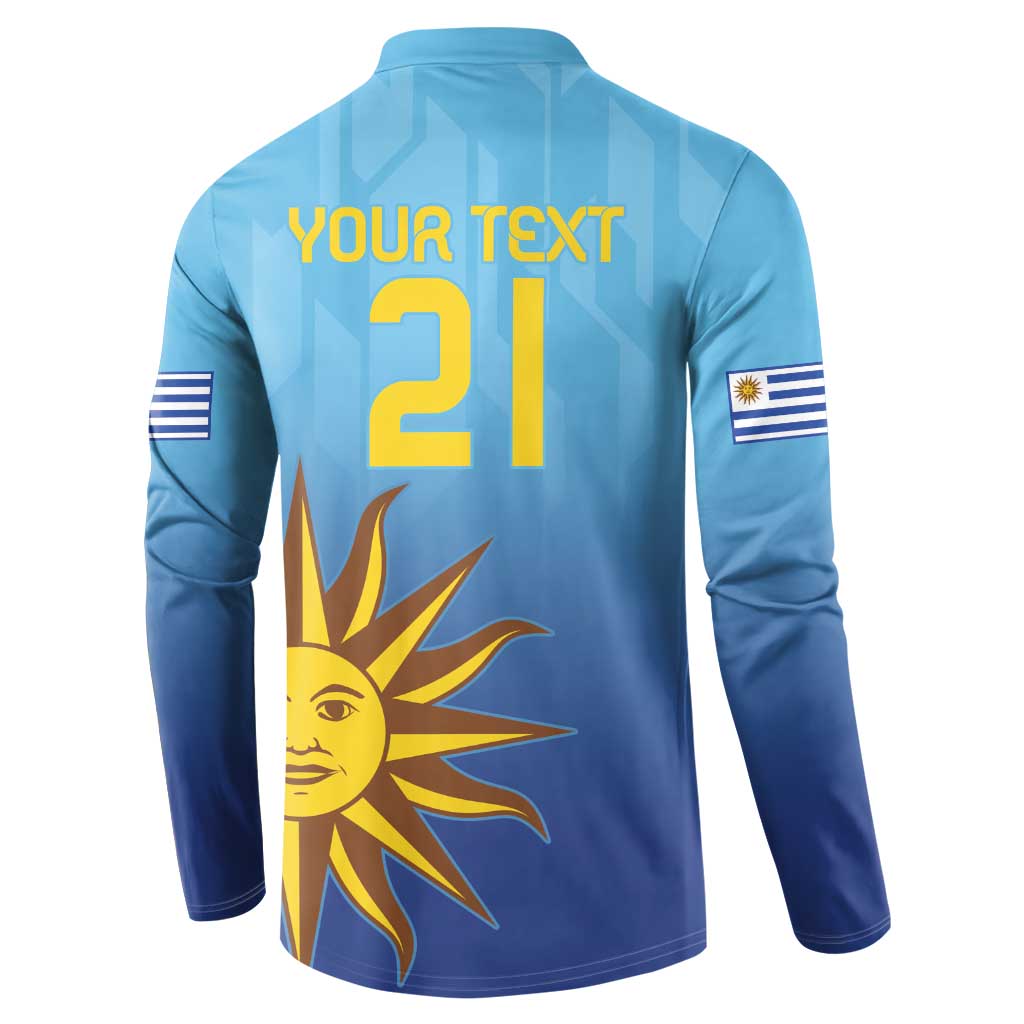 Blue back of football button sweatshirt with YOUR TEXT 21 and yellow sun graphic
