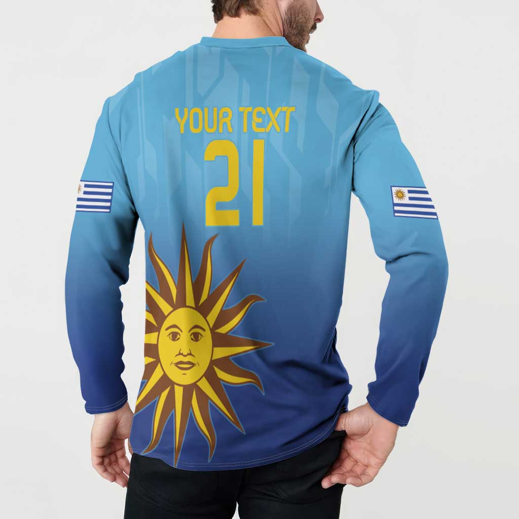 Blue worn football button sweatshirt with back print YOUR TEXT 21 and yellow sun face